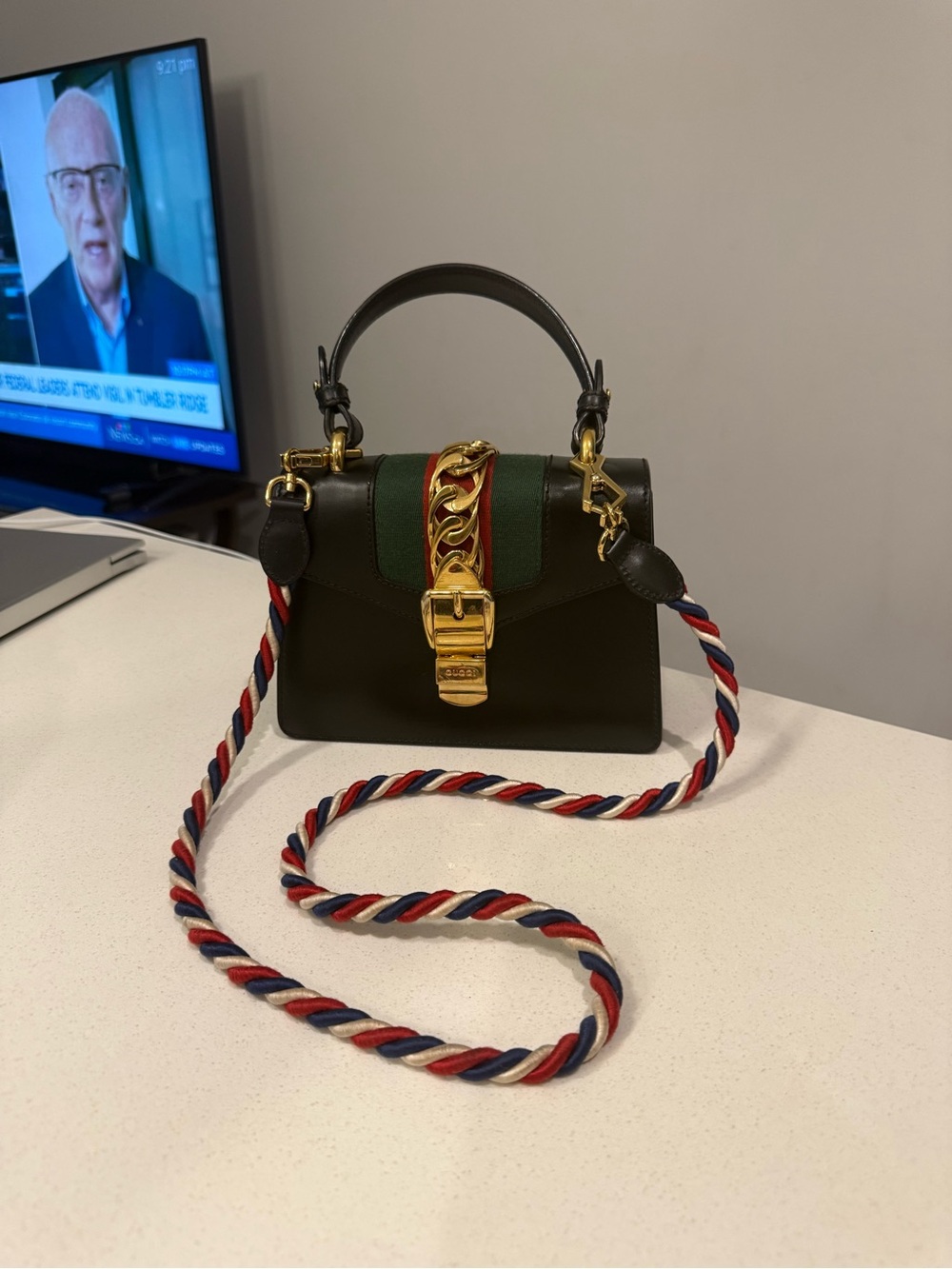 Dark Green Top-Handle Women’s Bag with Red & Green Web Detail